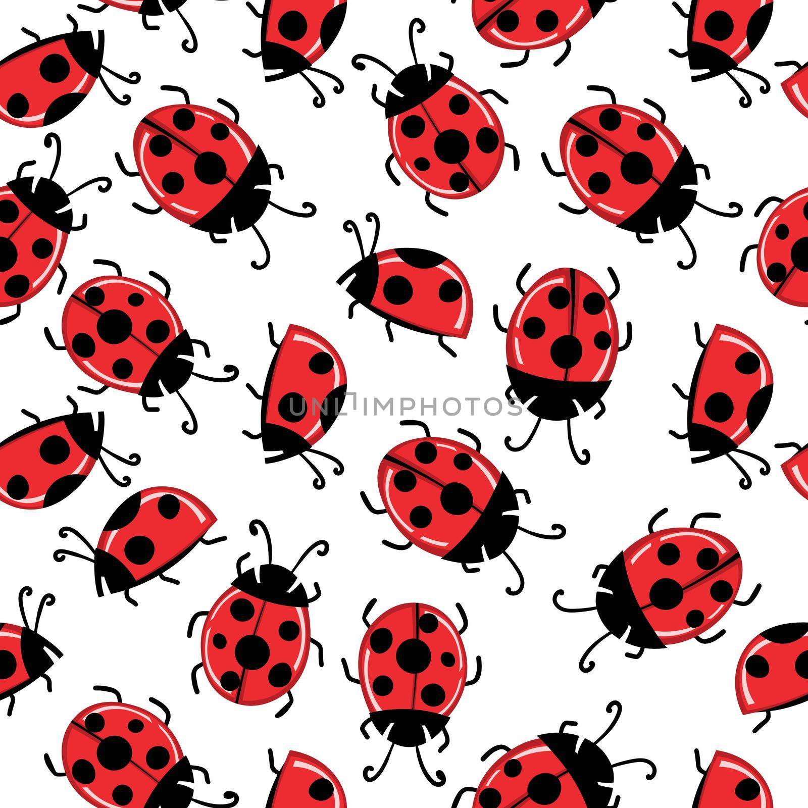 Fashion animal seamless pattern with colorful ladybird on white background. Cute holiday illustration with ladybags for baby. Design for invitation, poster, card, fabric, textile.