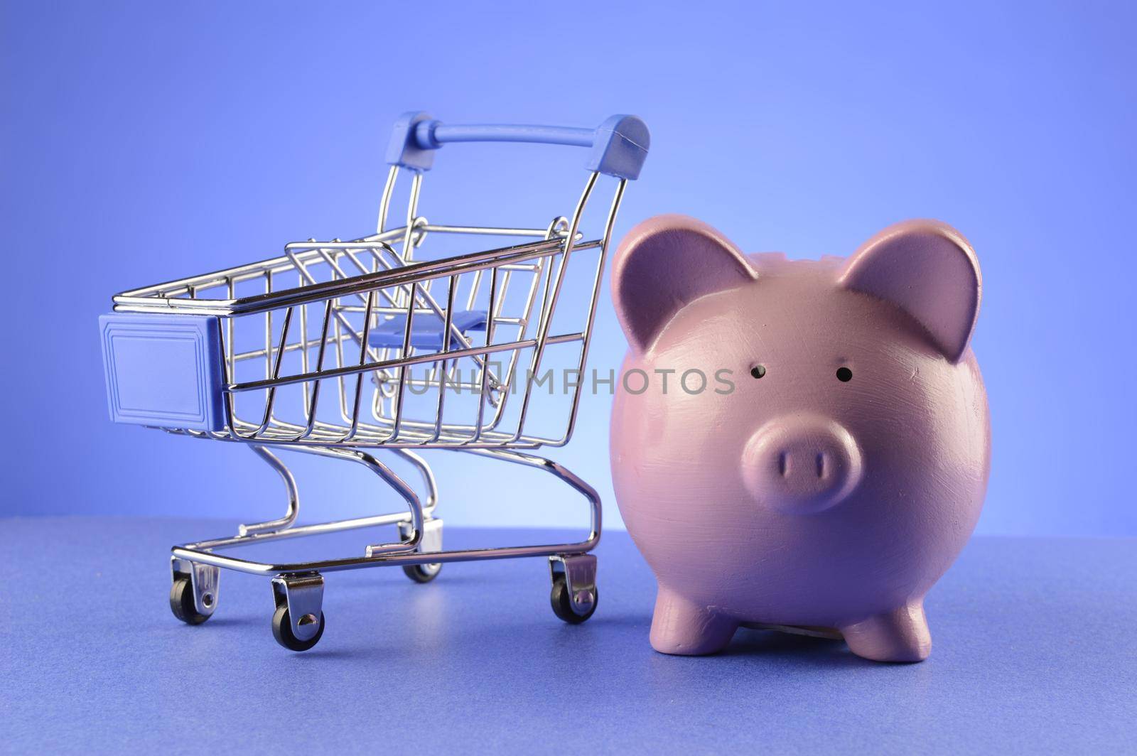 A piggy bank and shopping cart for a concept to save to shop.