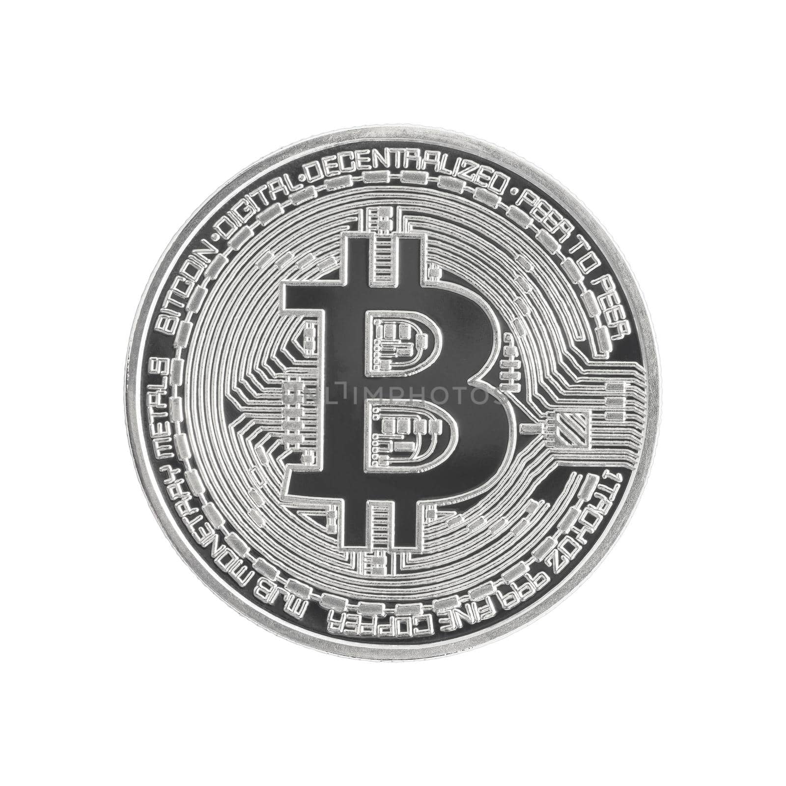 Close up silver bitcoin symbol isolated on white background