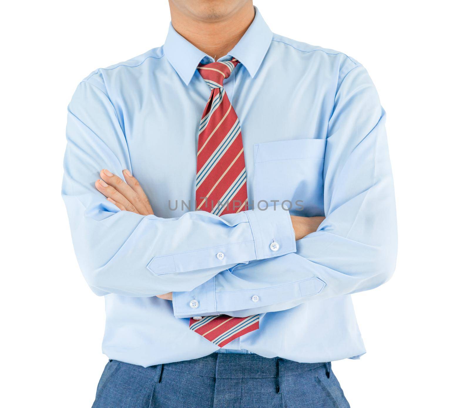 Man in long sleeve shirt wear keeping arms crossed while standing isolate on white background