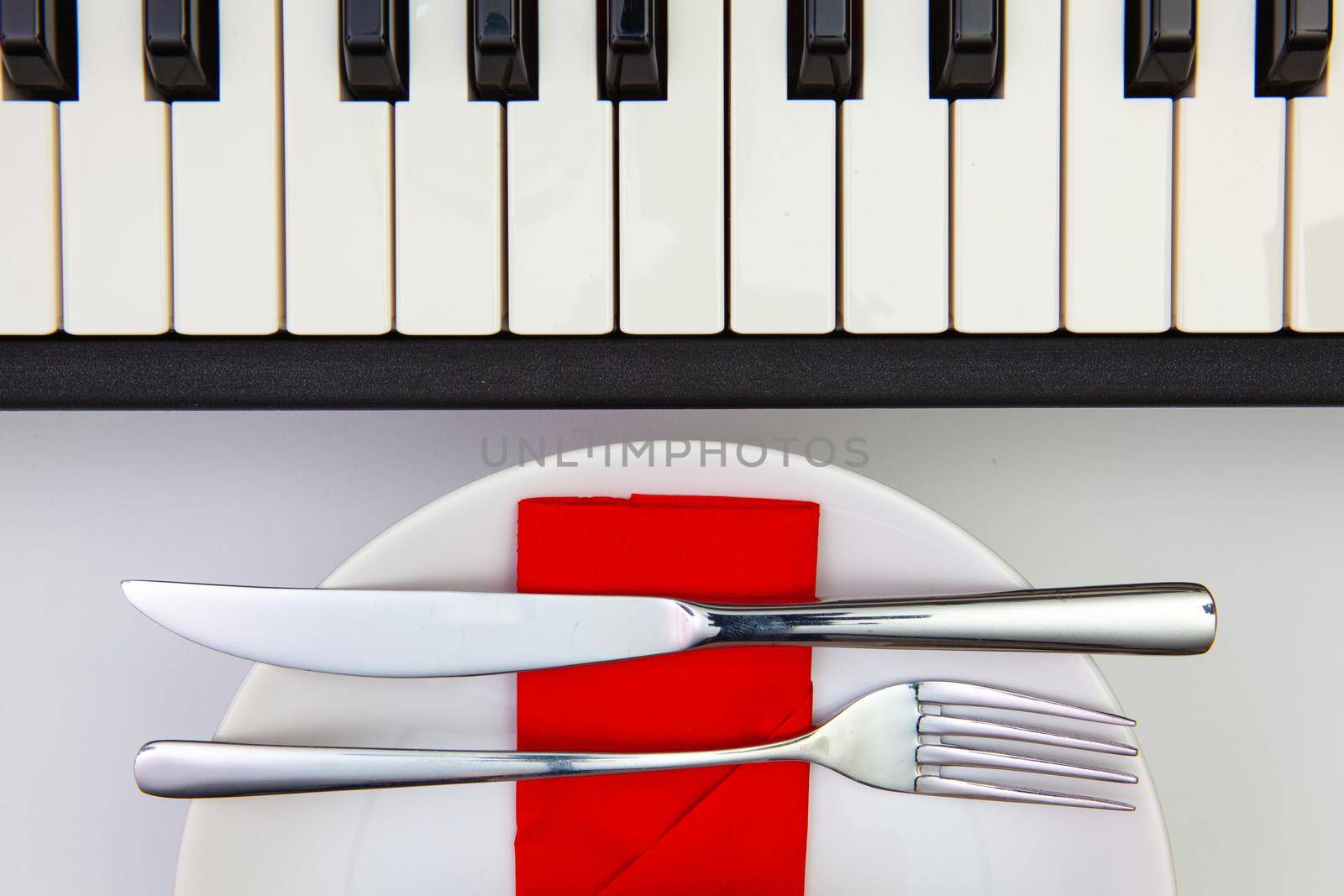Symphony of taste. White plate and piano keys on the white  wooden table.Top view. Flat Lay Image.