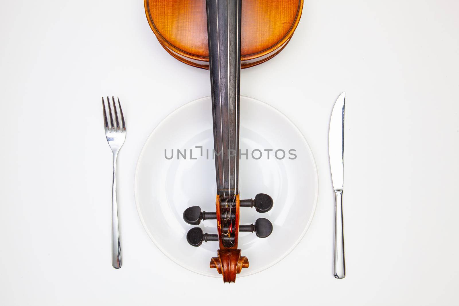 Symphony of taste. White plate and old violin on the white  wooden table.Top view. Flat Lay Image.