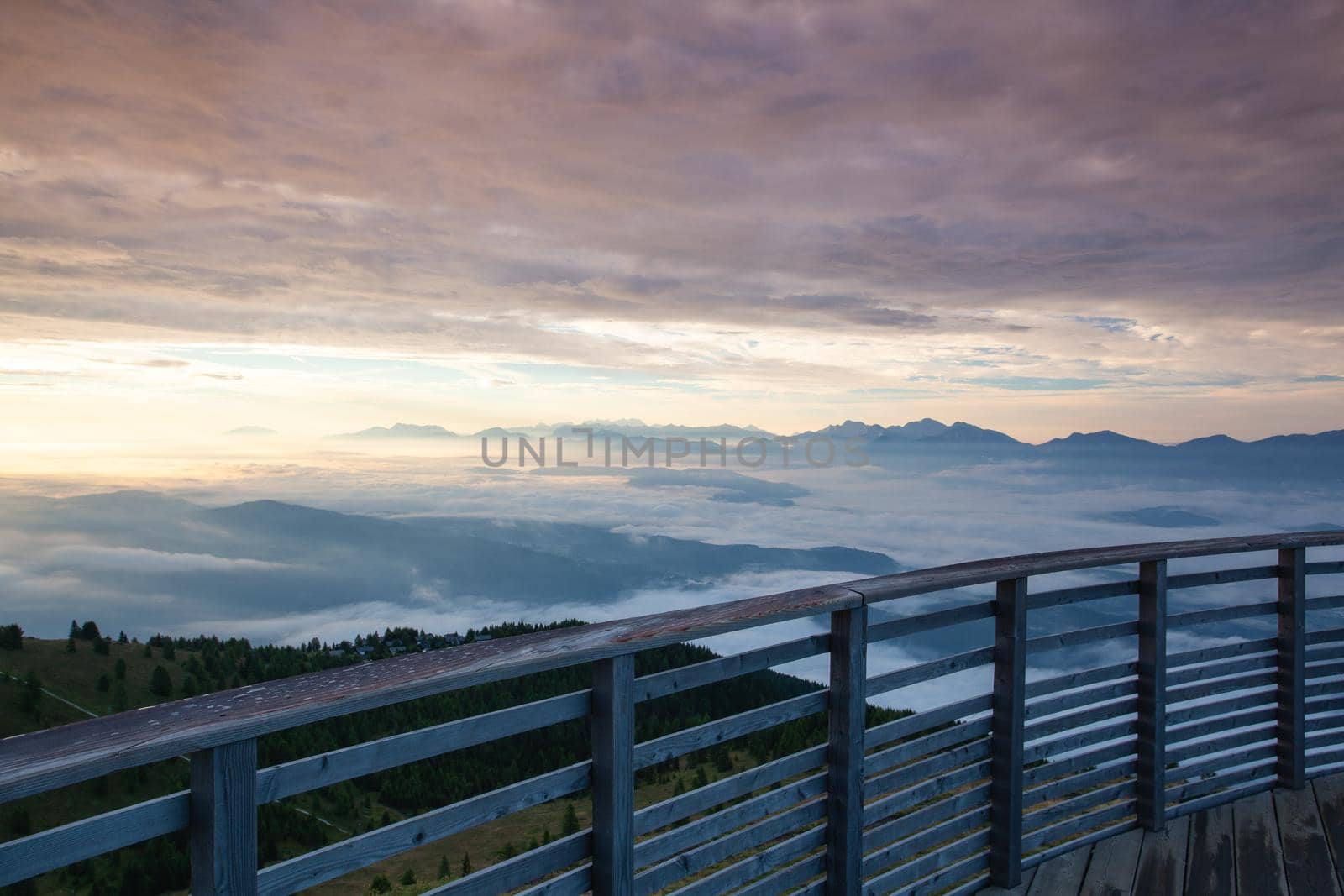 Autumn morning in ski resort, Carnic Alps, Austria. Beautiful view from the tower on the Slovenia mountains
