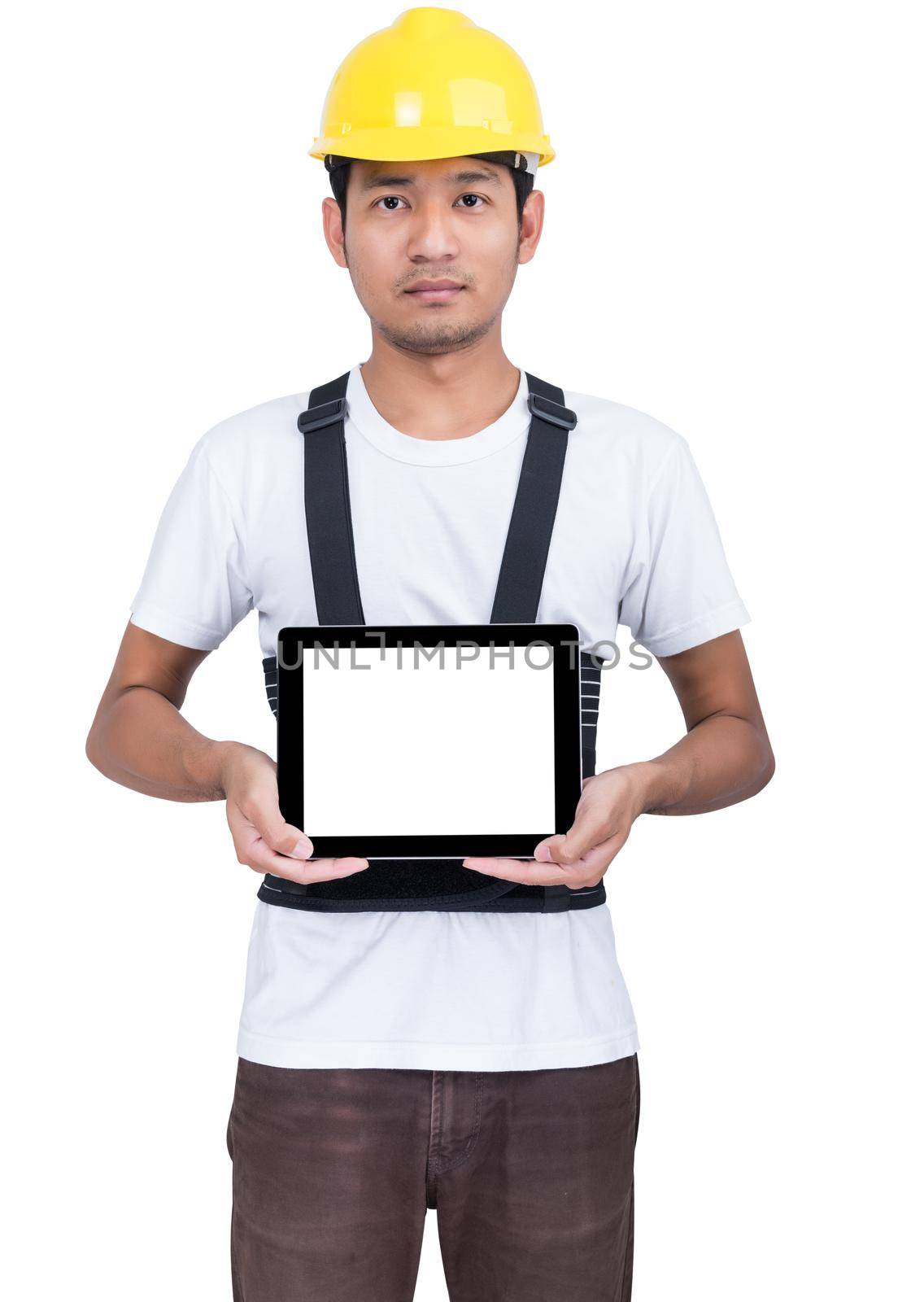 Portrait engineer with touchscreen tablet device by Sorapop