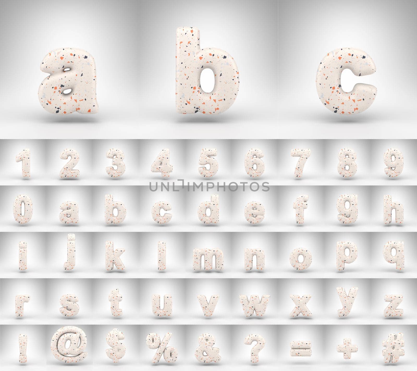 Terrazzo pattern alphabet with lowercase letters on white background. 3D rendered letters numbers and font symbols with terrazzo texture.