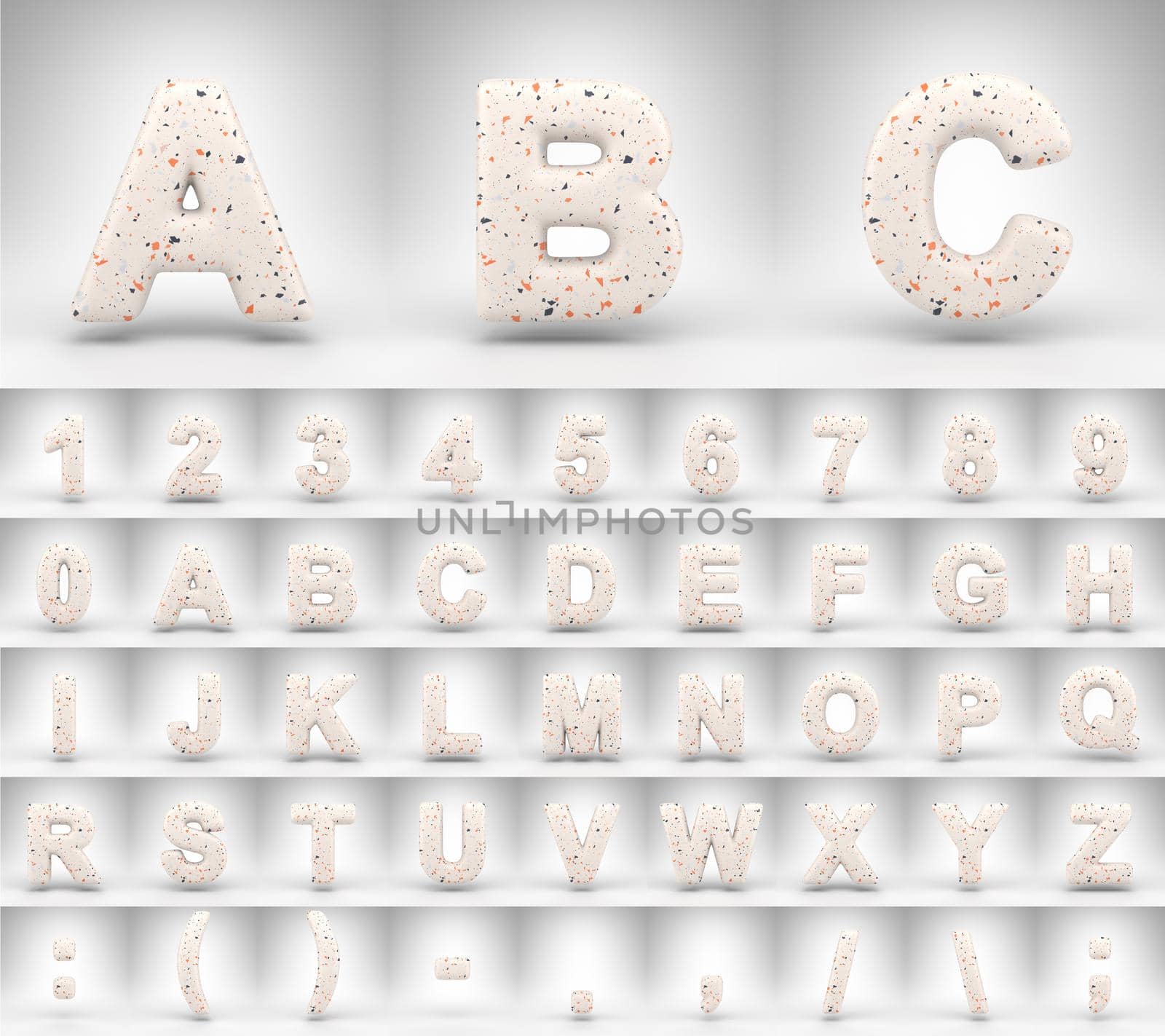 Terrazzo pattern alphabet with uppercase letters on white background. 3D rendered letters numbers and font symbols with terrazzo texture.