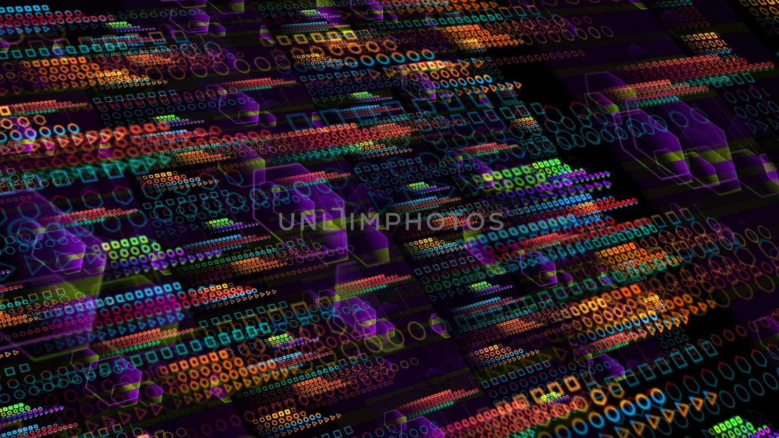 Quantum computer futuristic technology digital dimension holographic process and analysis for big data and abstract orange zone polygon background