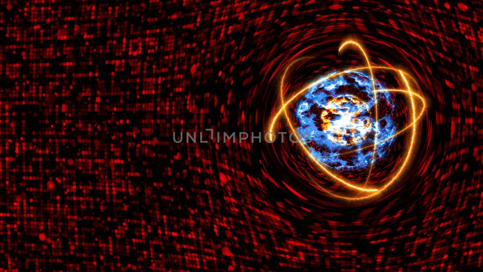 quantum light red core and futuristic computer animation abstract background with infinity of orange energy atom moving