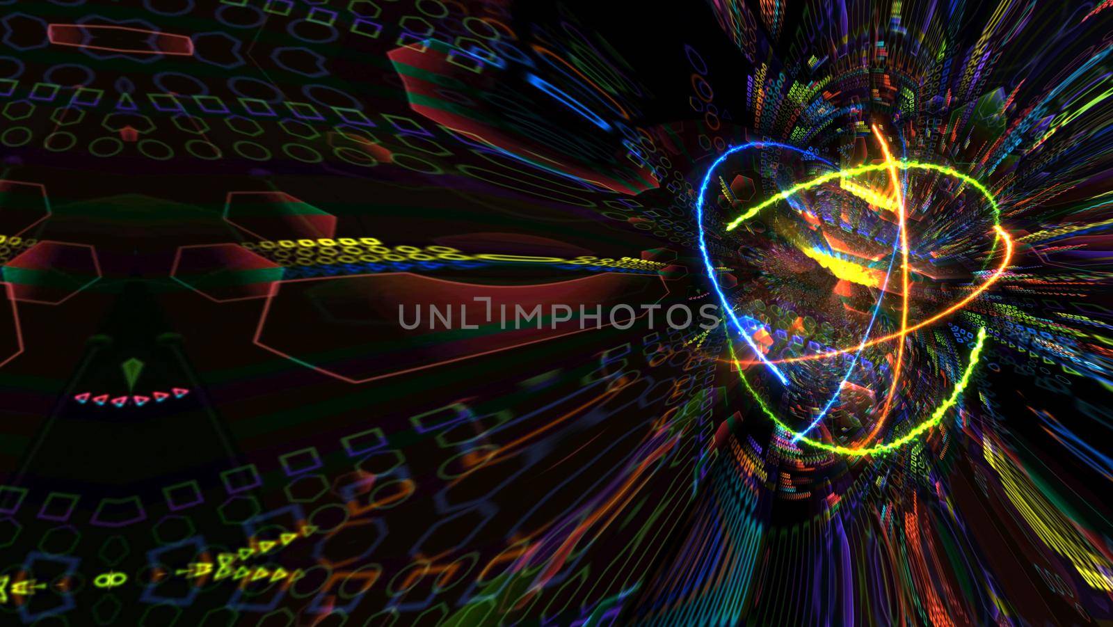 quantum magnitic light blue core and futuristic computer animation abstract background with infinity of orange fire green nature and blue thunder energy atom moving