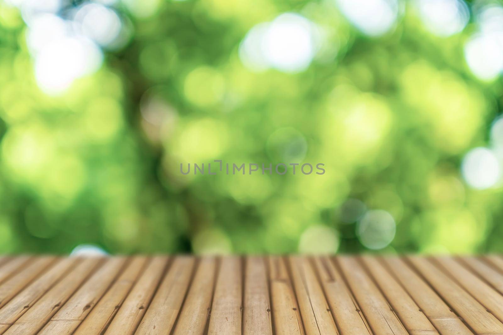 Selective focus of empty old wood on blur nature green leaf with bokeh abstract background.