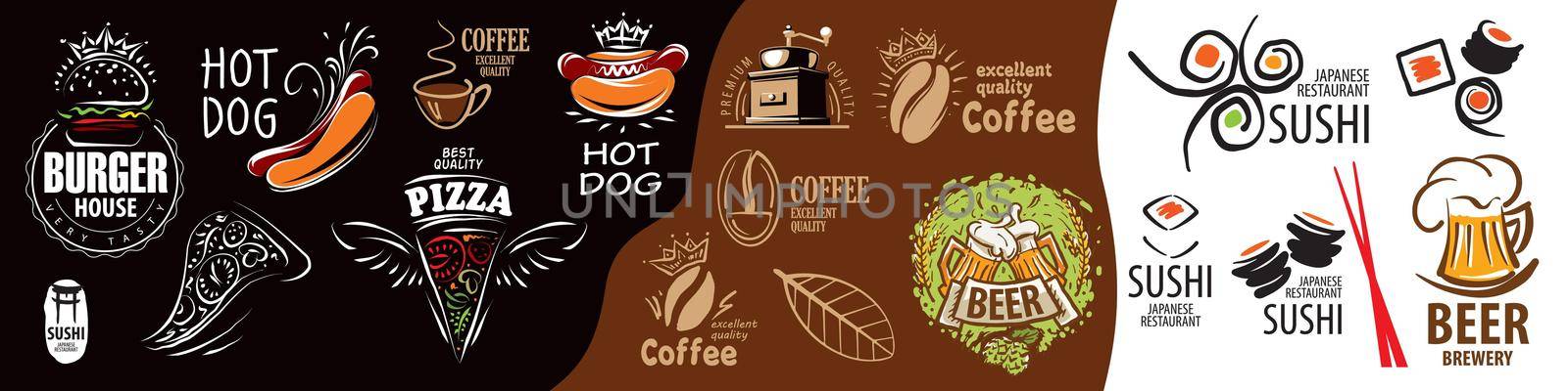 Vector set of drawn signs of fast food, coffee, pizza, burgers, hot dogs, sushi, beer.