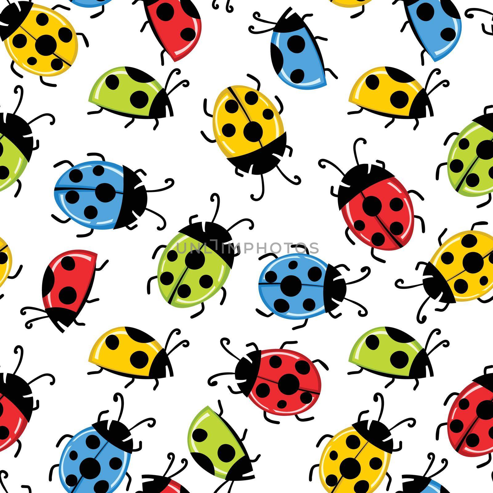 Fashion animal seamless pattern with colorful ladybird on white background. Cute holiday illustration with ladybags for baby. Design for invitation, poster, card, fabric, textile.