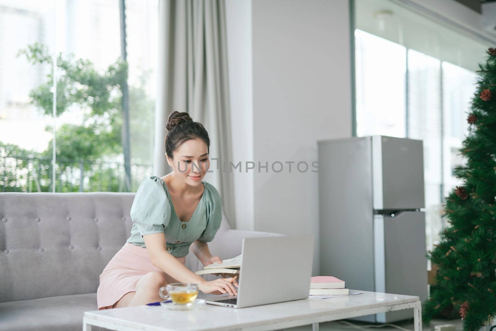Woman Working at Home. Attractive asian lady holding document and writing, sitting on sofa at table, using laptop, free space