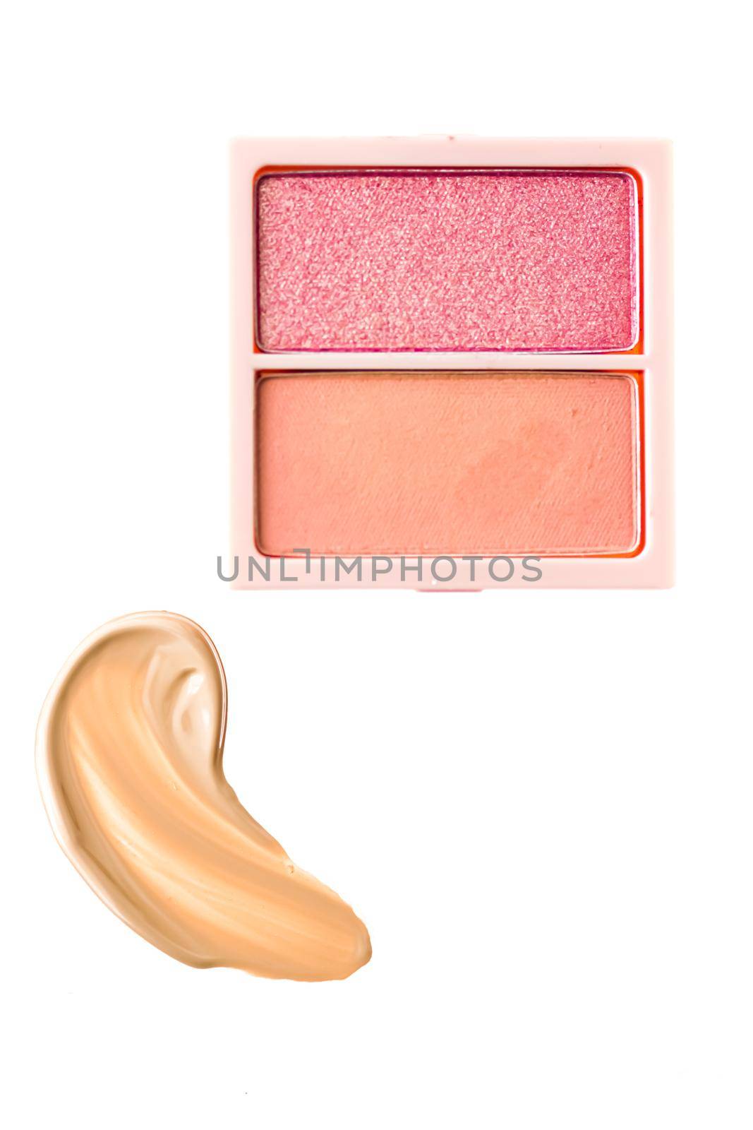 Eye shadow powder or blush makeup palette as flat lay, pink and orange cosmetic smear, eyeshadow and lip gloss isolated on white background, cosmetics flatlay closeup and beauty make-up texture.