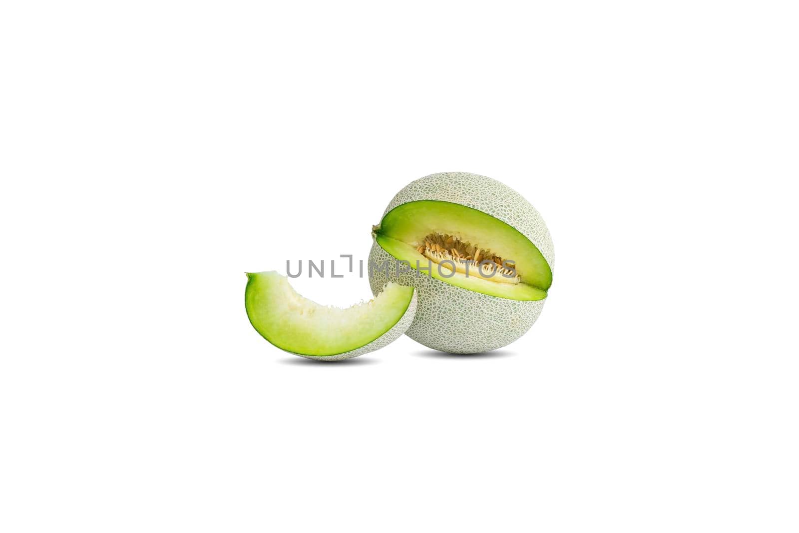 One cantaloupe or melon and one piece isolated on white background.