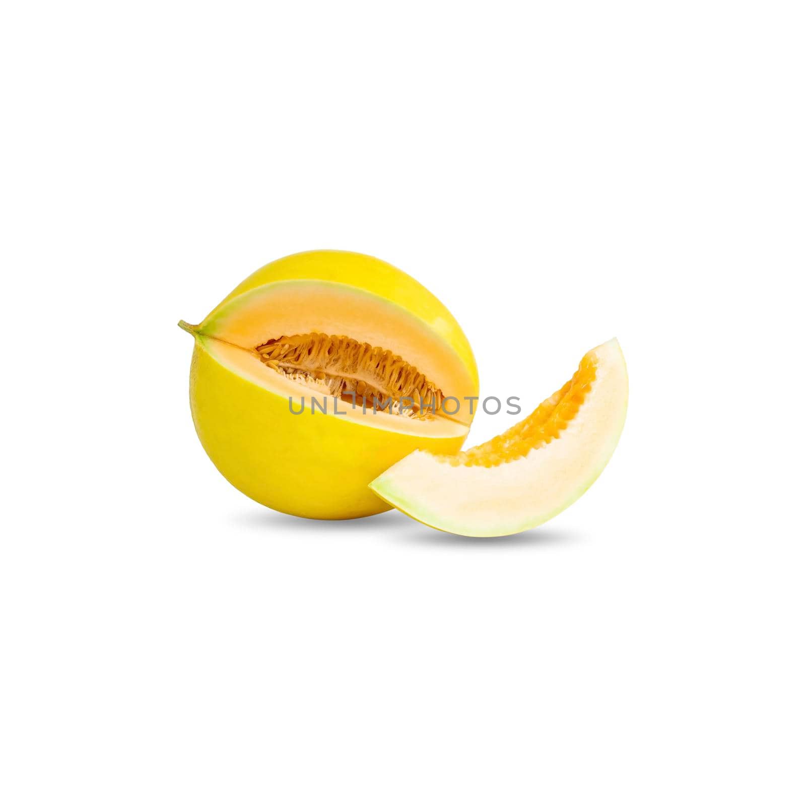 One cantaloupe or melon yellow color and one piece on white background. by wattanaphob