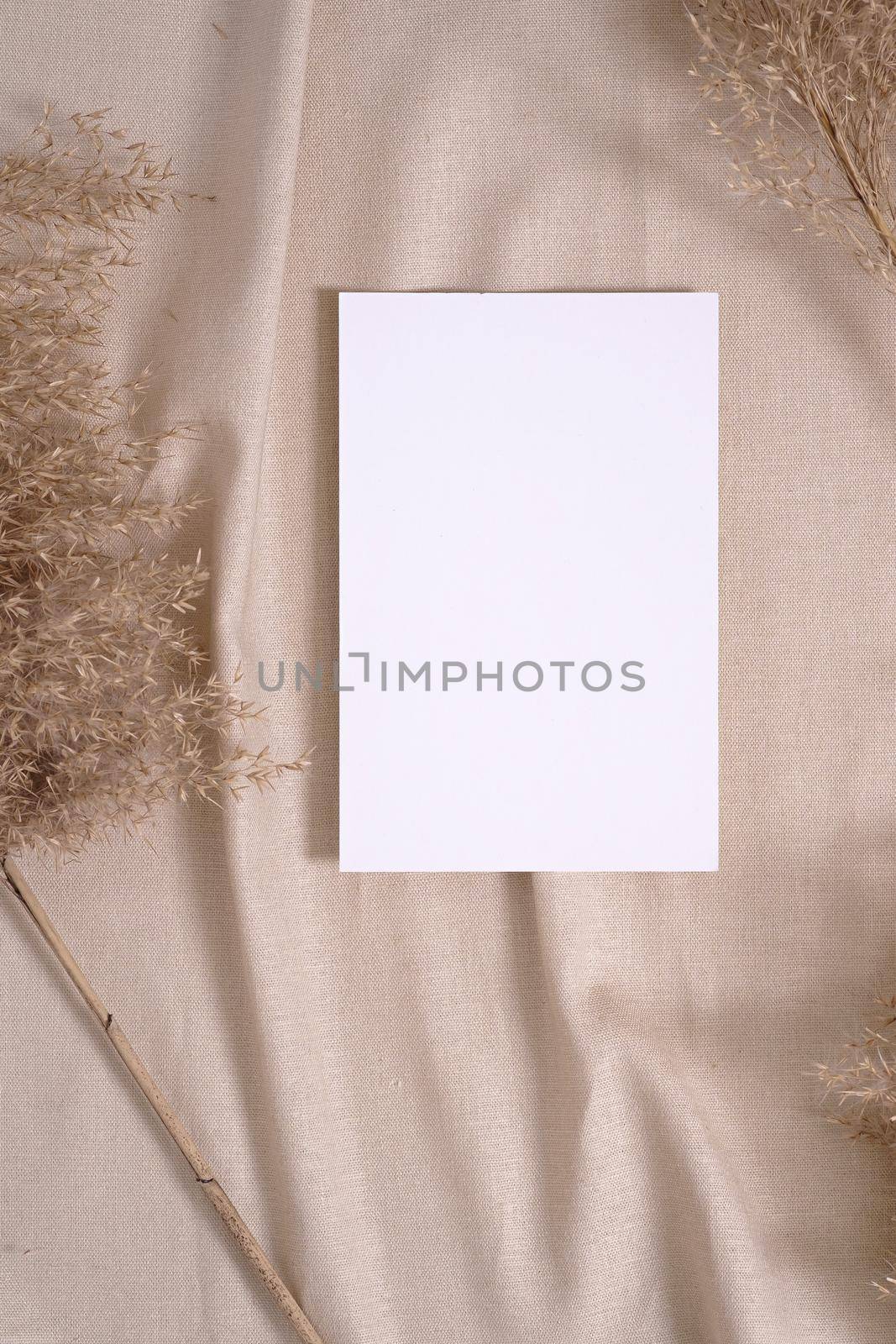 White blank paper card mockup with pampas dry grass on a beige neutral colored textile by Frostroomhead