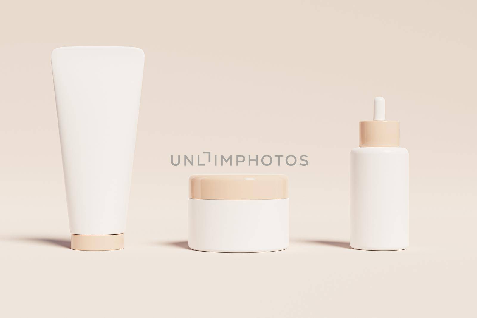 Plastic bottle, tube and jar for cosmetics products, mockup or advertising on beige background, minimal 3d illustration render