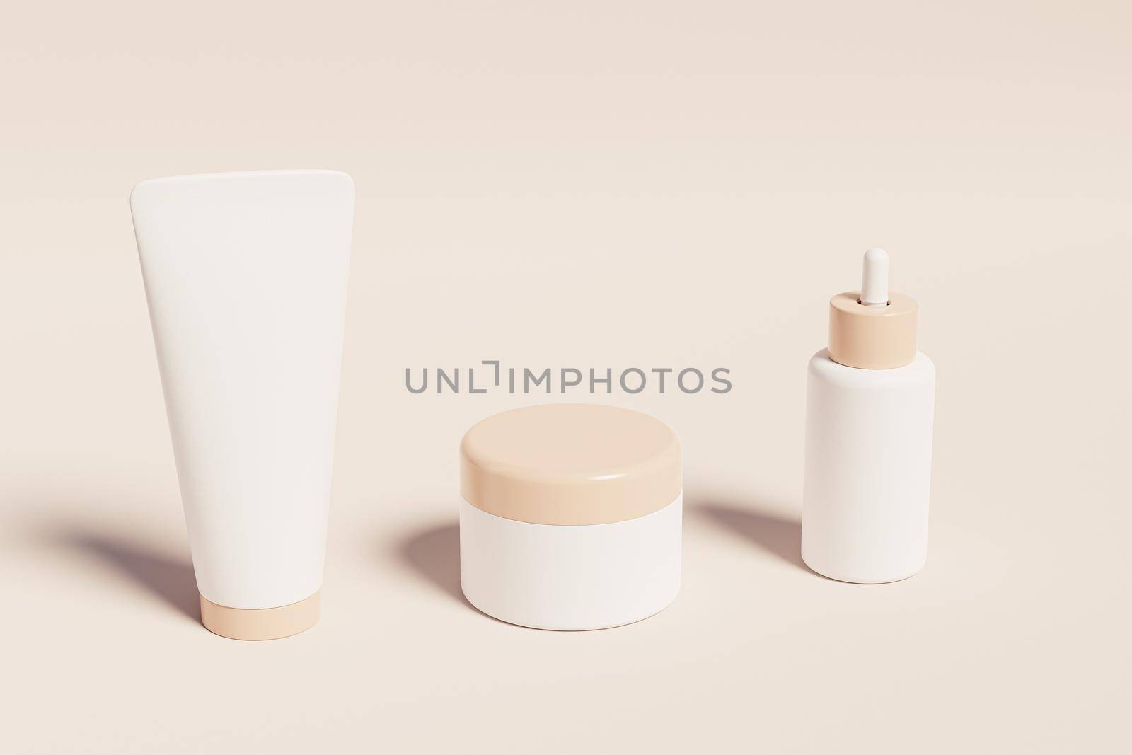 Mockup bottle, tube and jar for cosmetics products, template or advertising on beige background, minimal 3d illustration render