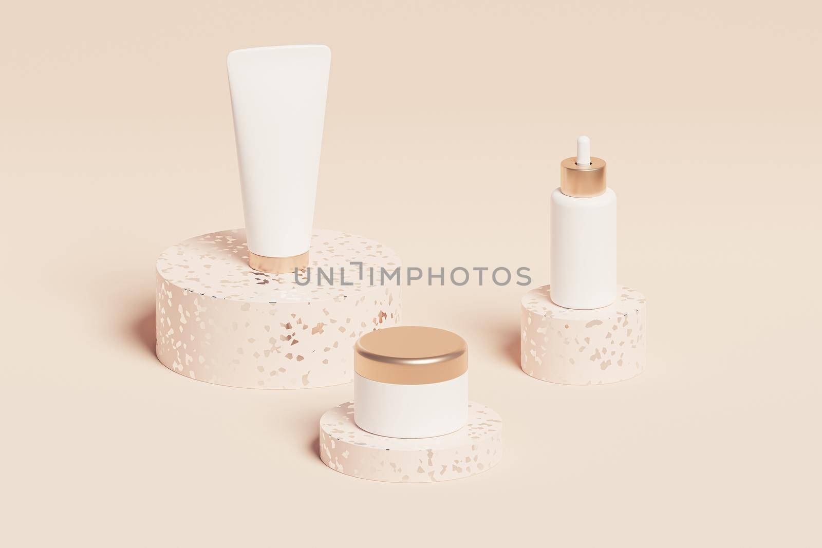 Mockup bottle, tube and jar for cosmetics products, template or advertising on shiny podiums, beige background, 3d illustration render by Frostroomhead