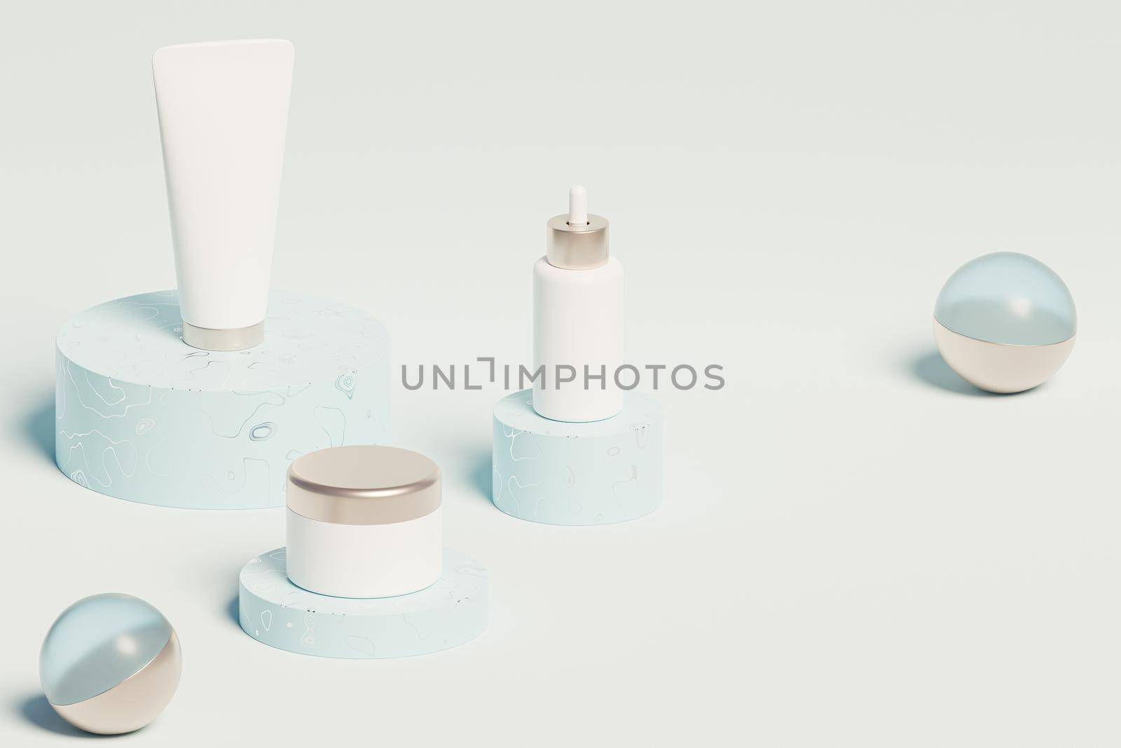 Mockup bottle, tube and jar for cosmetics products, template or advertising on shiny podiums, blue background, 3d illustration render by Frostroomhead