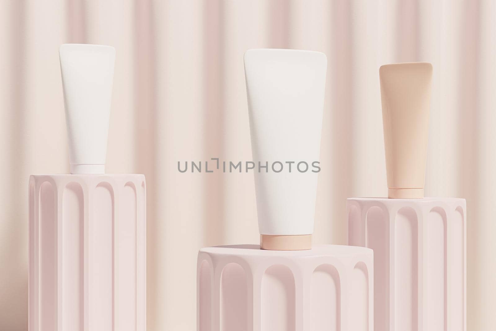 Mockup tube for cosmetics products, template or advertising on pillar podiums, beige background, 3d illustration render by Frostroomhead