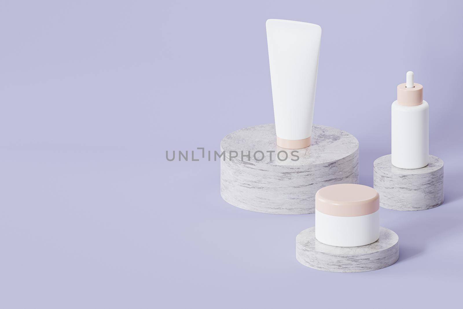 Mockup bottle, tube and jar for cosmetics products, template or advertising on marble podiums, blue background, 3d illustration render