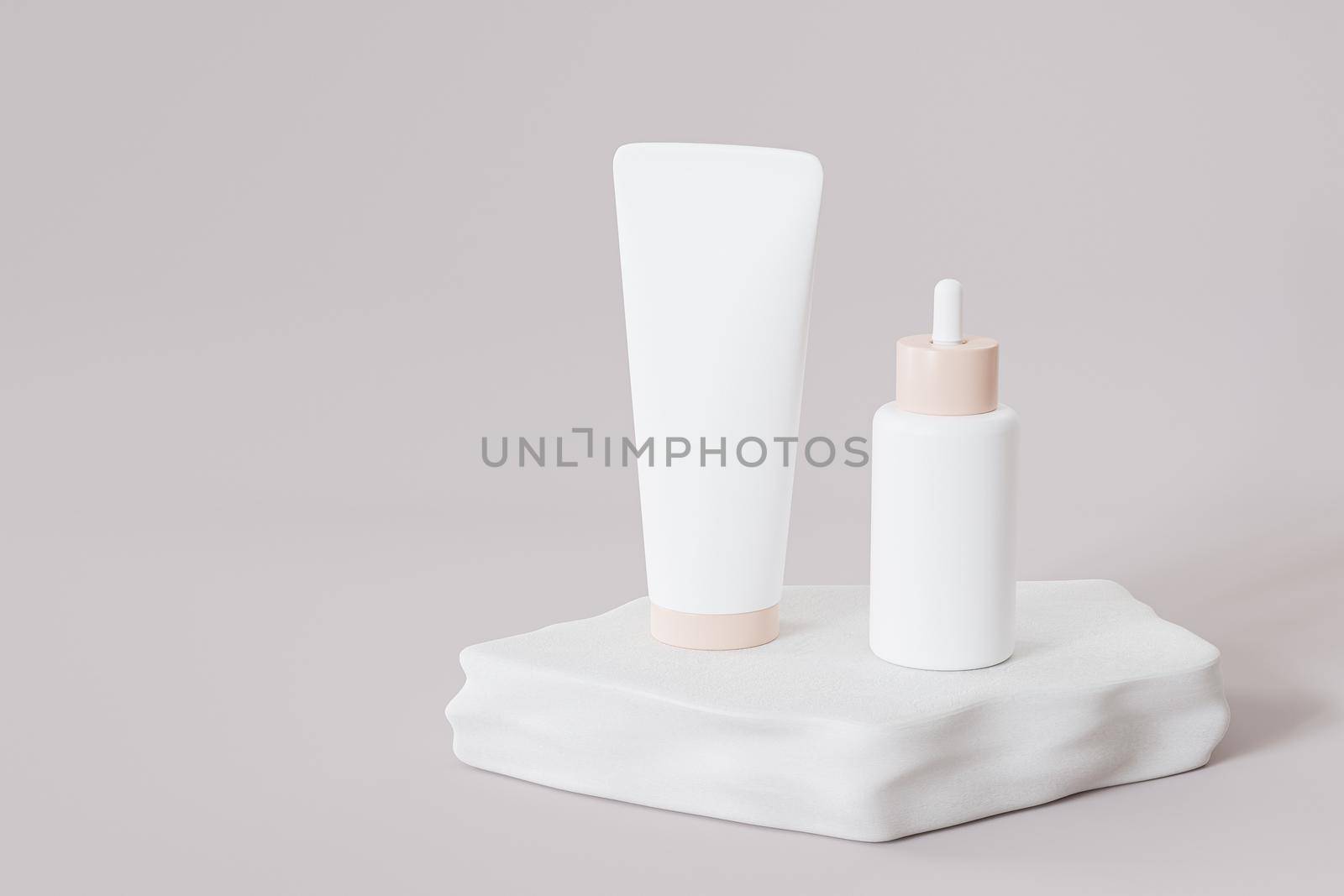 Mockup bottle and tube for cosmetics products, template or advertising on stone podium, gray background, 3d illustration render by Frostroomhead