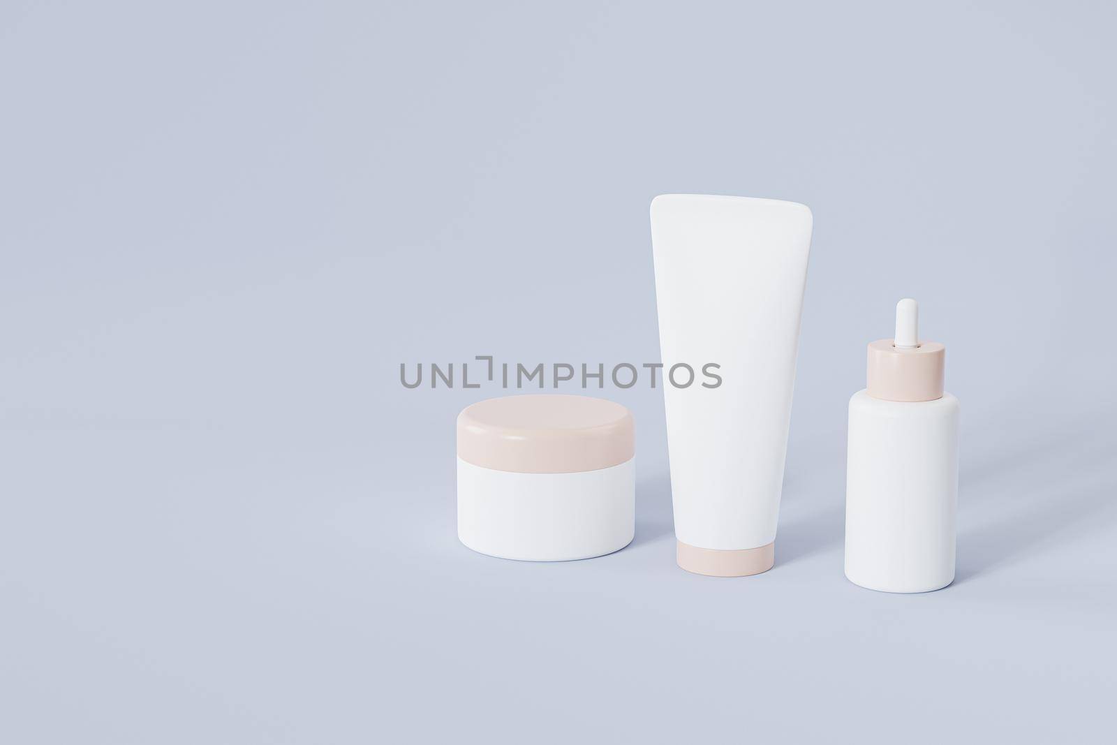 Mockup bottle, tube and jar for cosmetics products, template or advertising on blue background, 3d illustration render