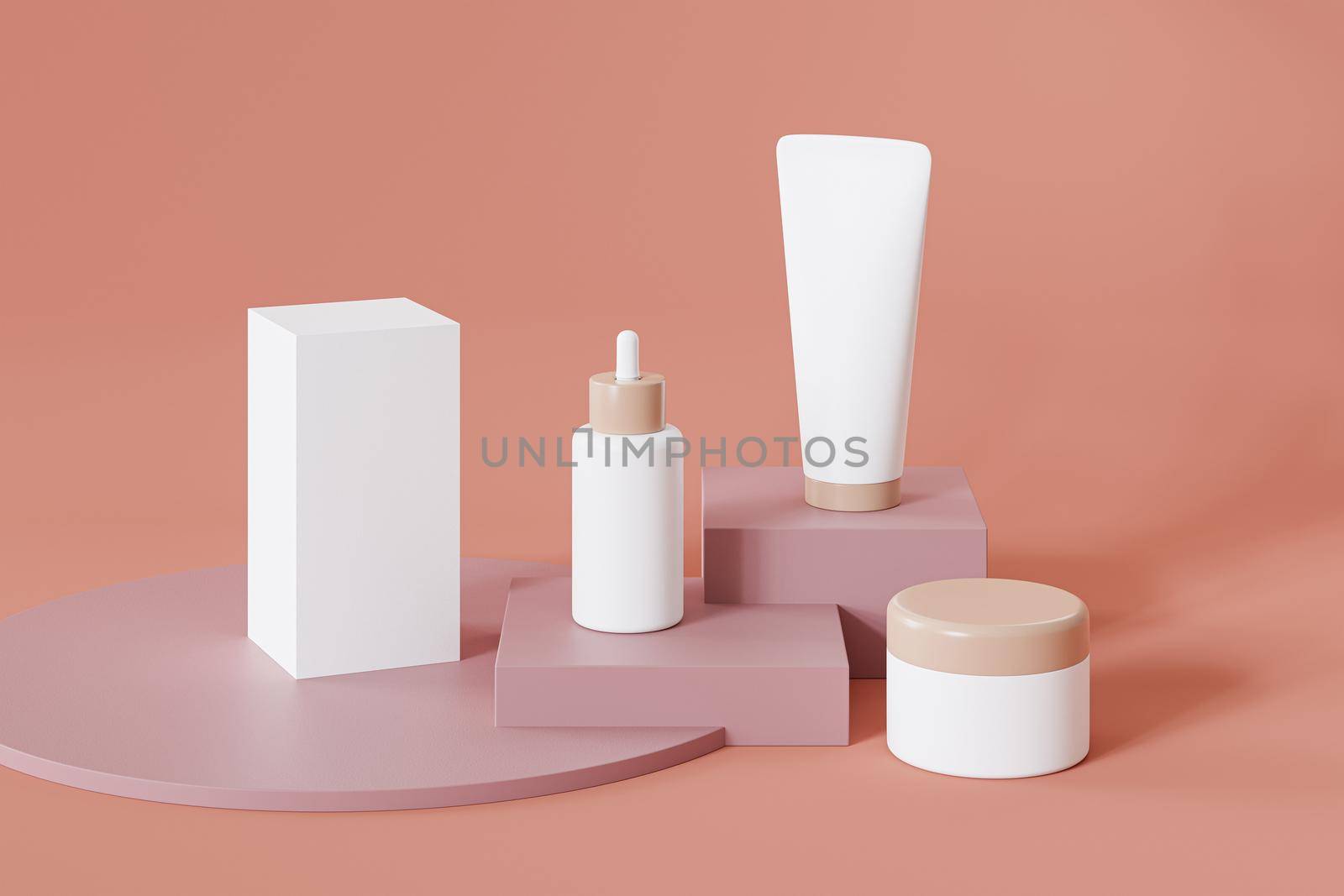 Mockup bottle, tube, jar and package box for cosmetics products, template or advertising, orange background, 3d illustration render