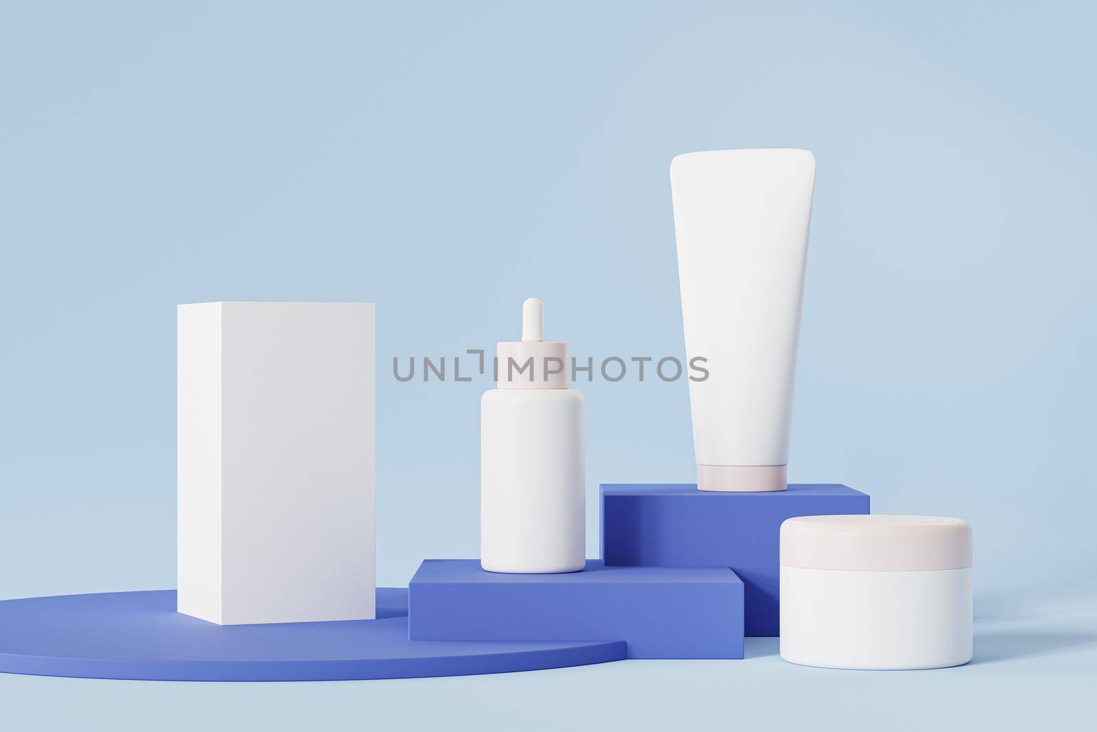 Mockup bottle, tube, jar and package box for cosmetics products, template or advertising, blue background, 3d illustration render