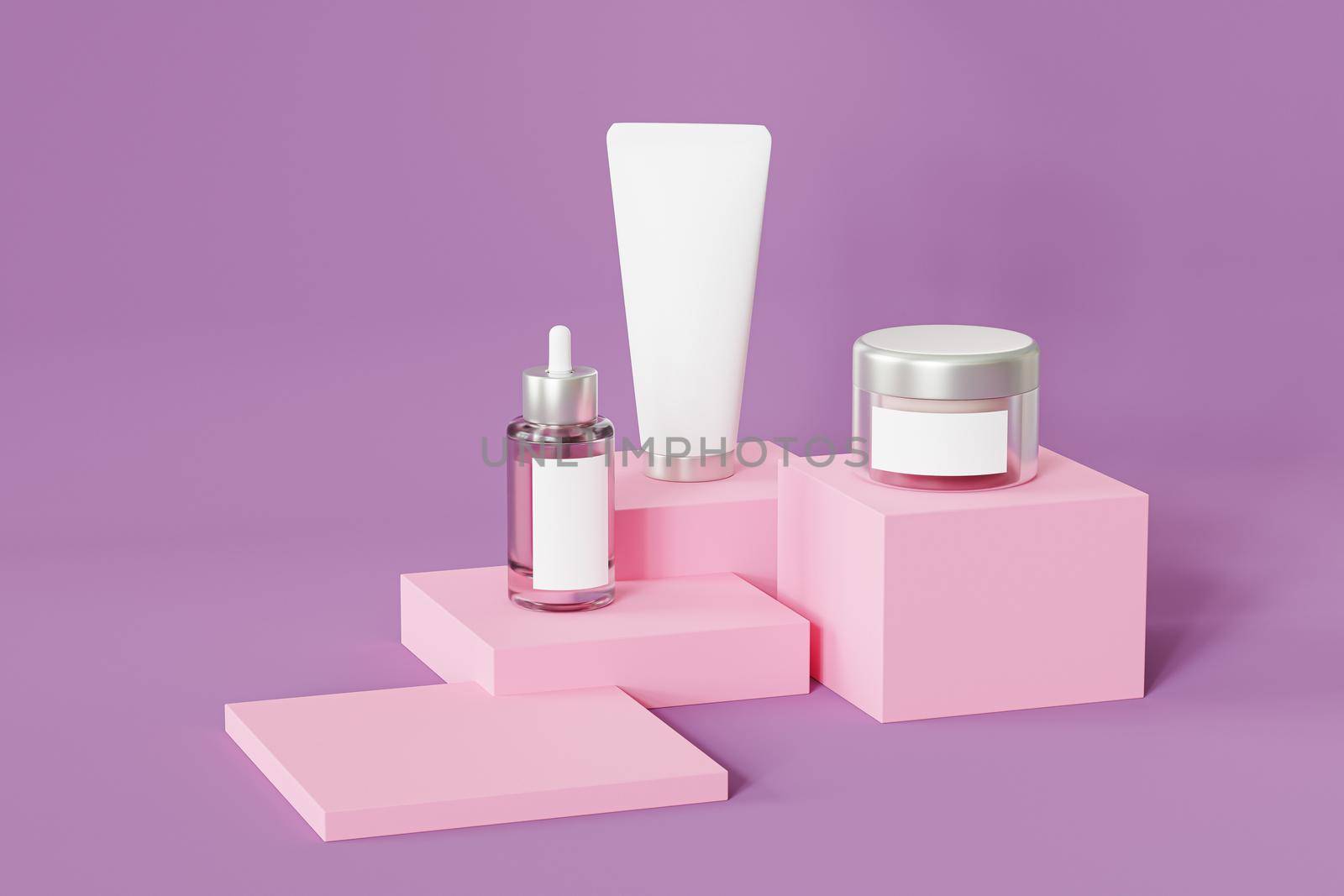 Mockup bottle, tube and jar for cosmetics products, template or advertising, pink background, 3d illustration render