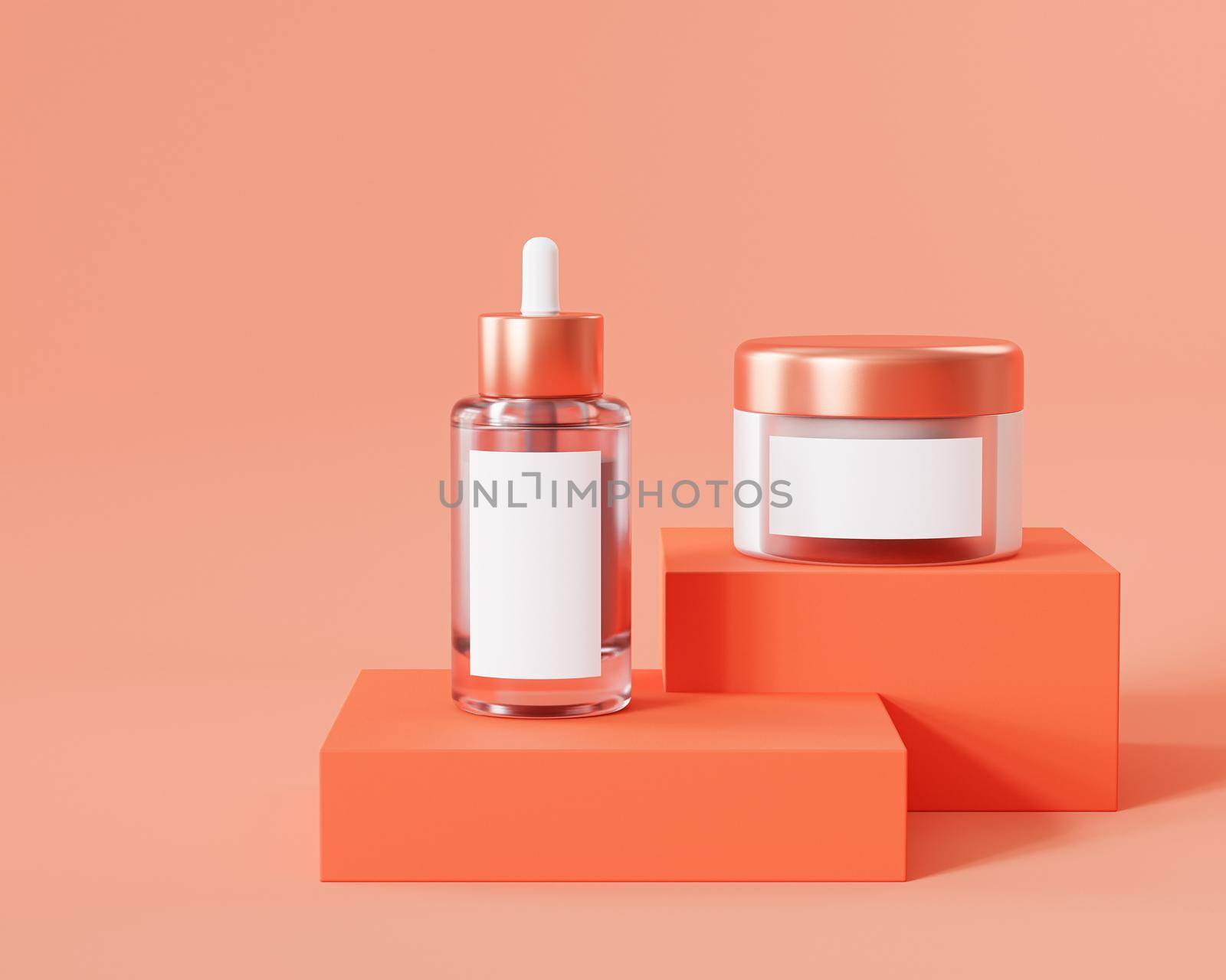 Mockup bottle and jar for cosmetics products, template or advertising, orange background, 3d illustration render by Frostroomhead