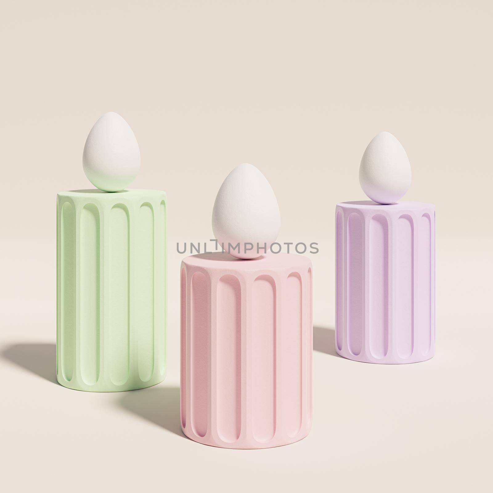 White Easter eggs on pastel colored pillar podiums, spring April holidays card, 3d illustration render