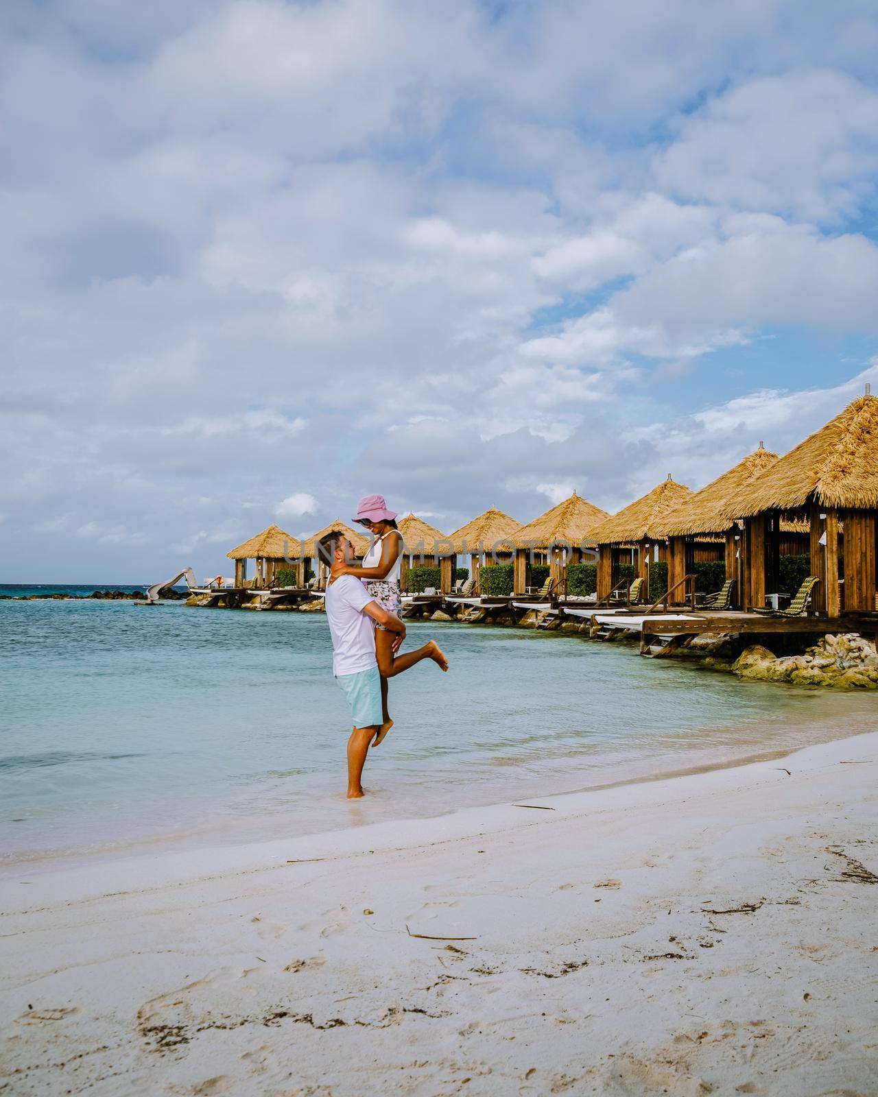 Aruba beach with pink flamingos at the beach, flamingo at the beach in Aruba Island Caribbean by fokkebok