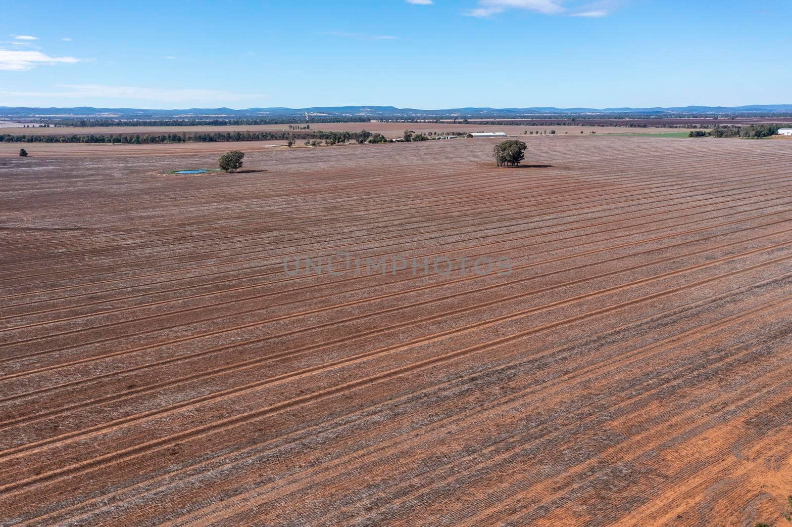 Drone aerial photograph of burnt agricultural fields in regional New South Wales in Australia