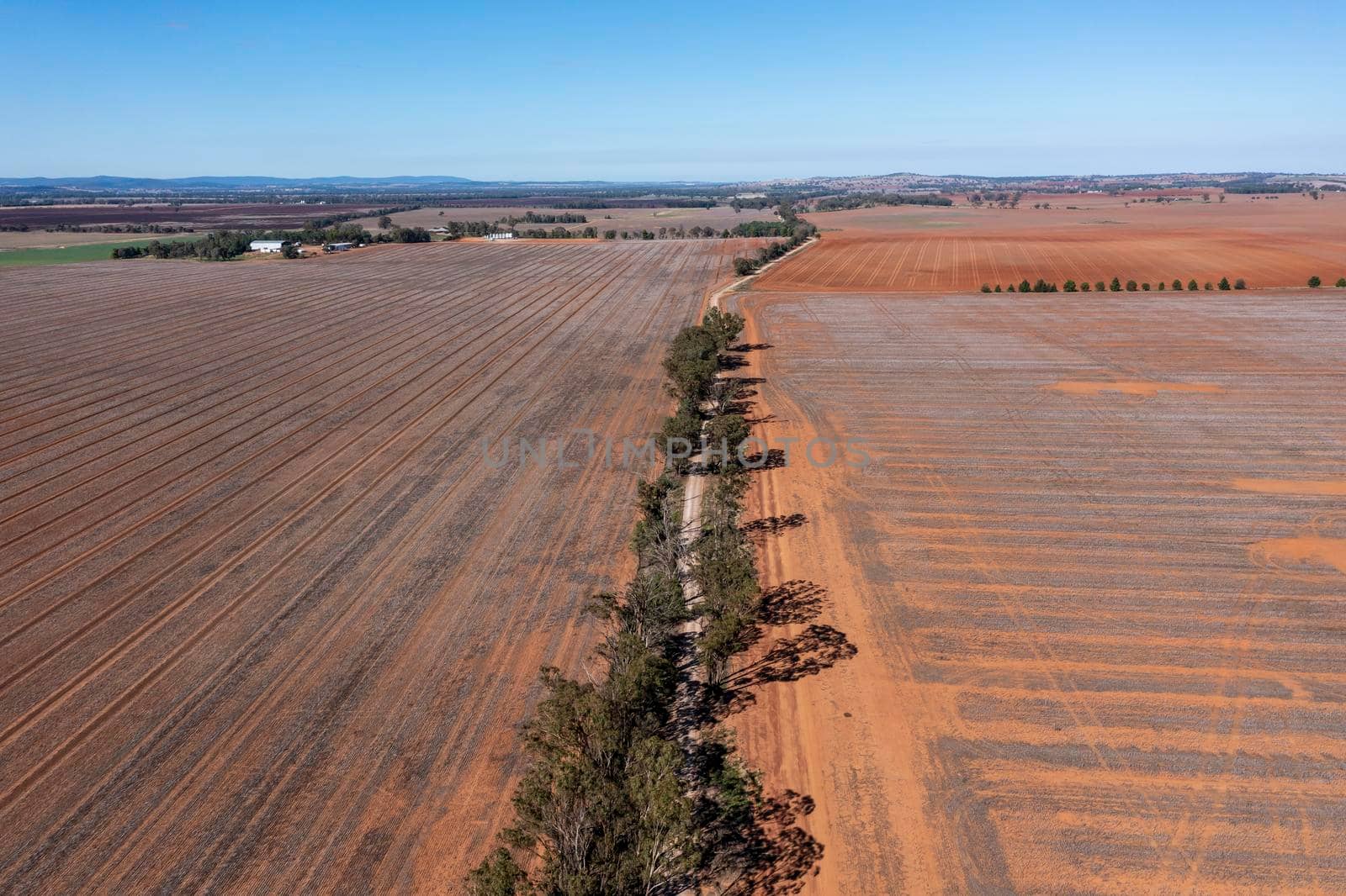 Drone aerial photograph of burnt agricultural fields in regional New South Wales in Australia