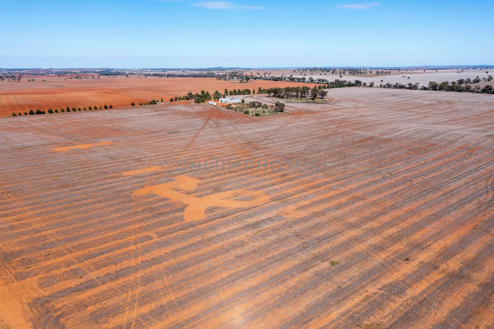 Drone aerial photograph of burnt agricultural fields in regional New South Wales in Australia