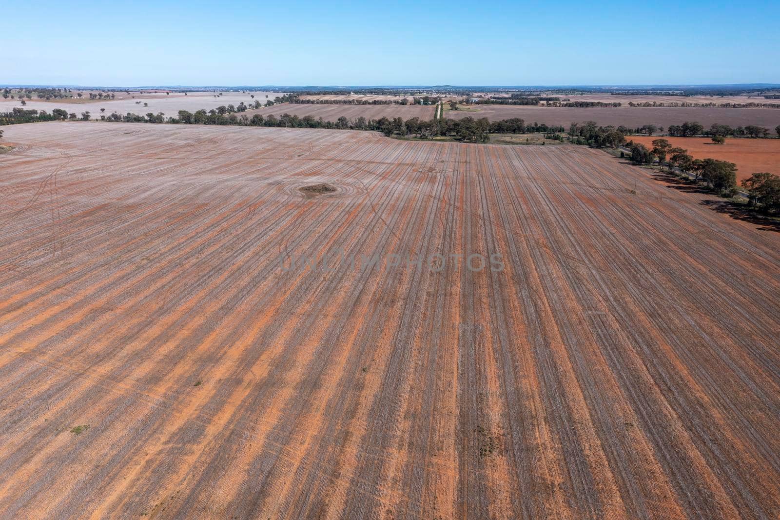 Drone aerial photograph of burnt agricultural fields in regional New South Wales in Australia