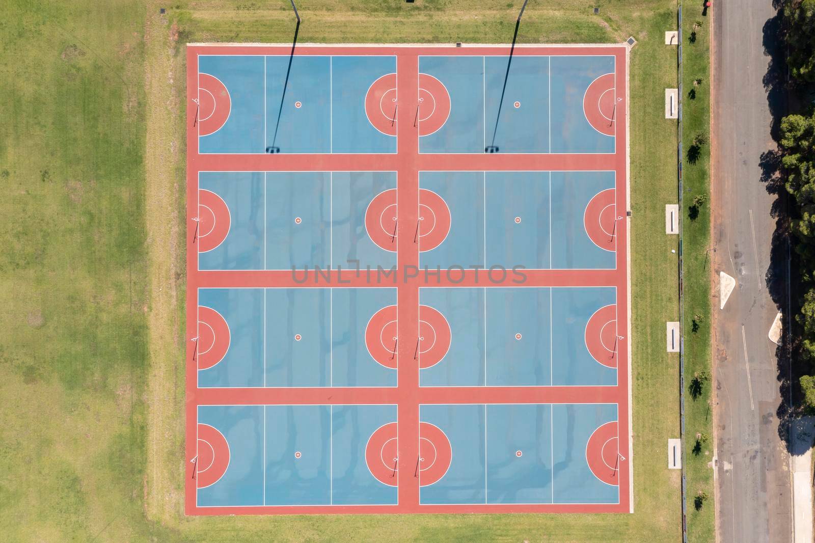Drone aerial photograph of colourful netball courts by WittkePhotos