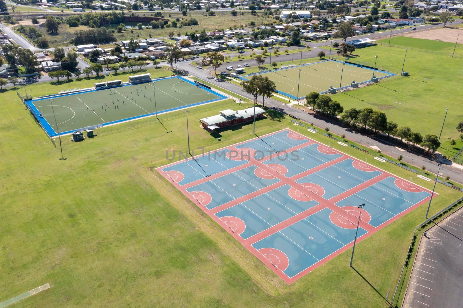 Drone aerial photograph of colourful netball courts by WittkePhotos