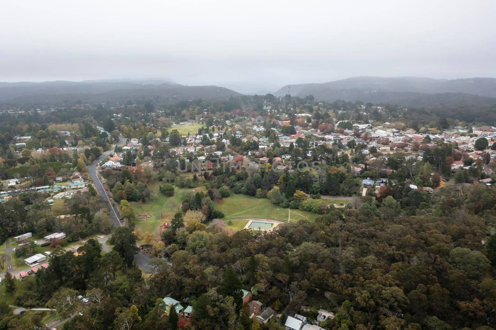 Drone aerial photograph of low clouds over Blackheath in The Blue Mountains in regional New South Wales in Australia