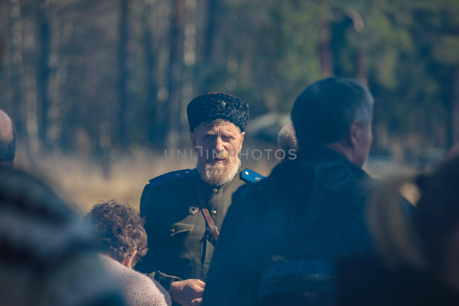 Reconstruction of the Second World War. Russian partisan commander. The Great Patriotic War. Liberation of Odessa. Zelenograd Russia April 18, 2021