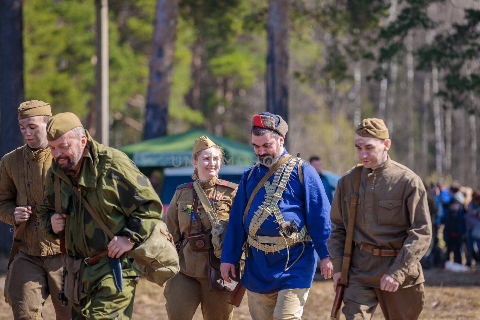 Reconstruction of the Second World War. A detachment of Russian soldiers. The Great Patriotic War. Liberation of Odessa. Zelenograd Russia April 18, 2021