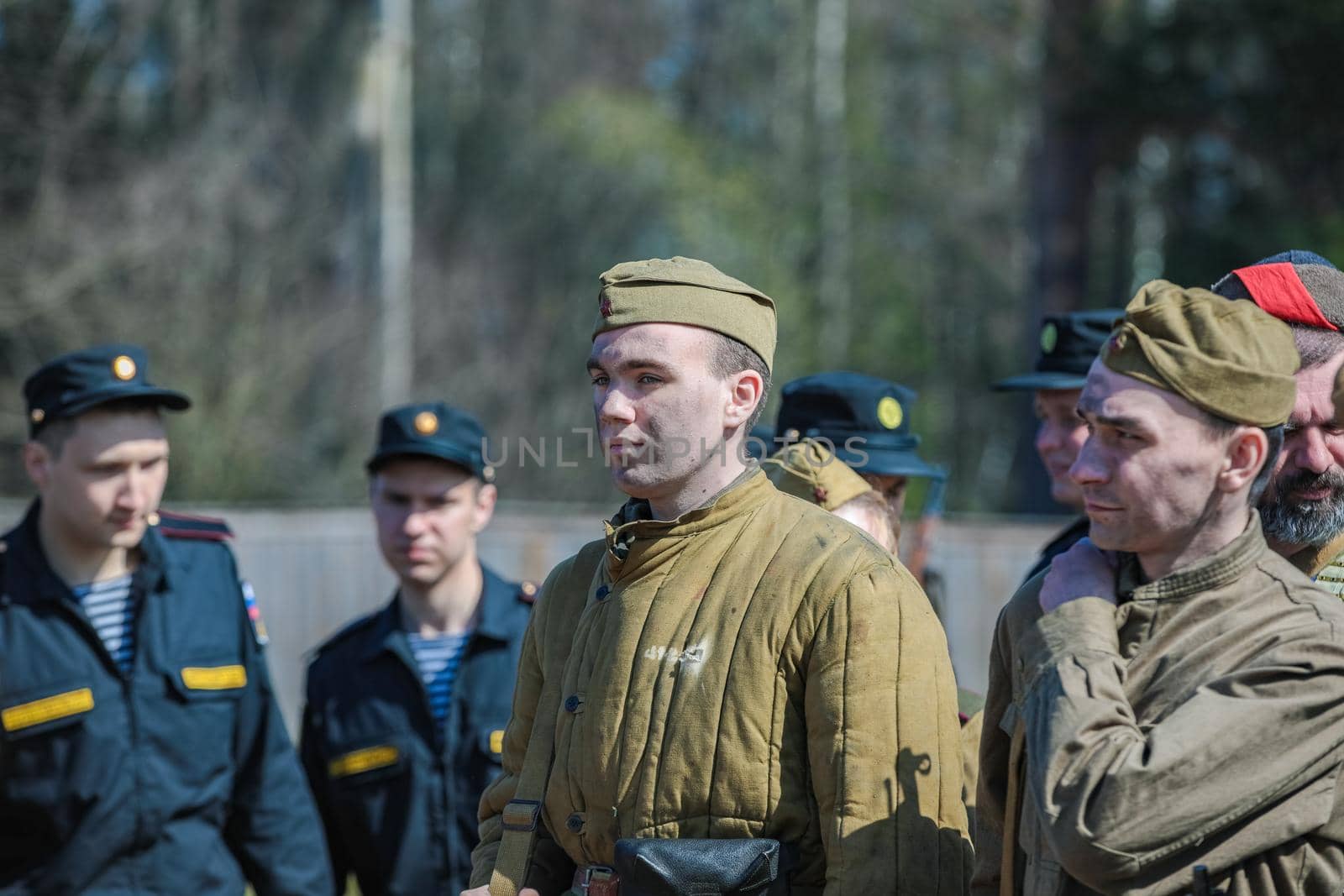 Reconstruction of the Second World War. A detachment of Russian soldiers. The Great Patriotic War. Liberation of Odessa. Zelenograd Russia April 18, 2021