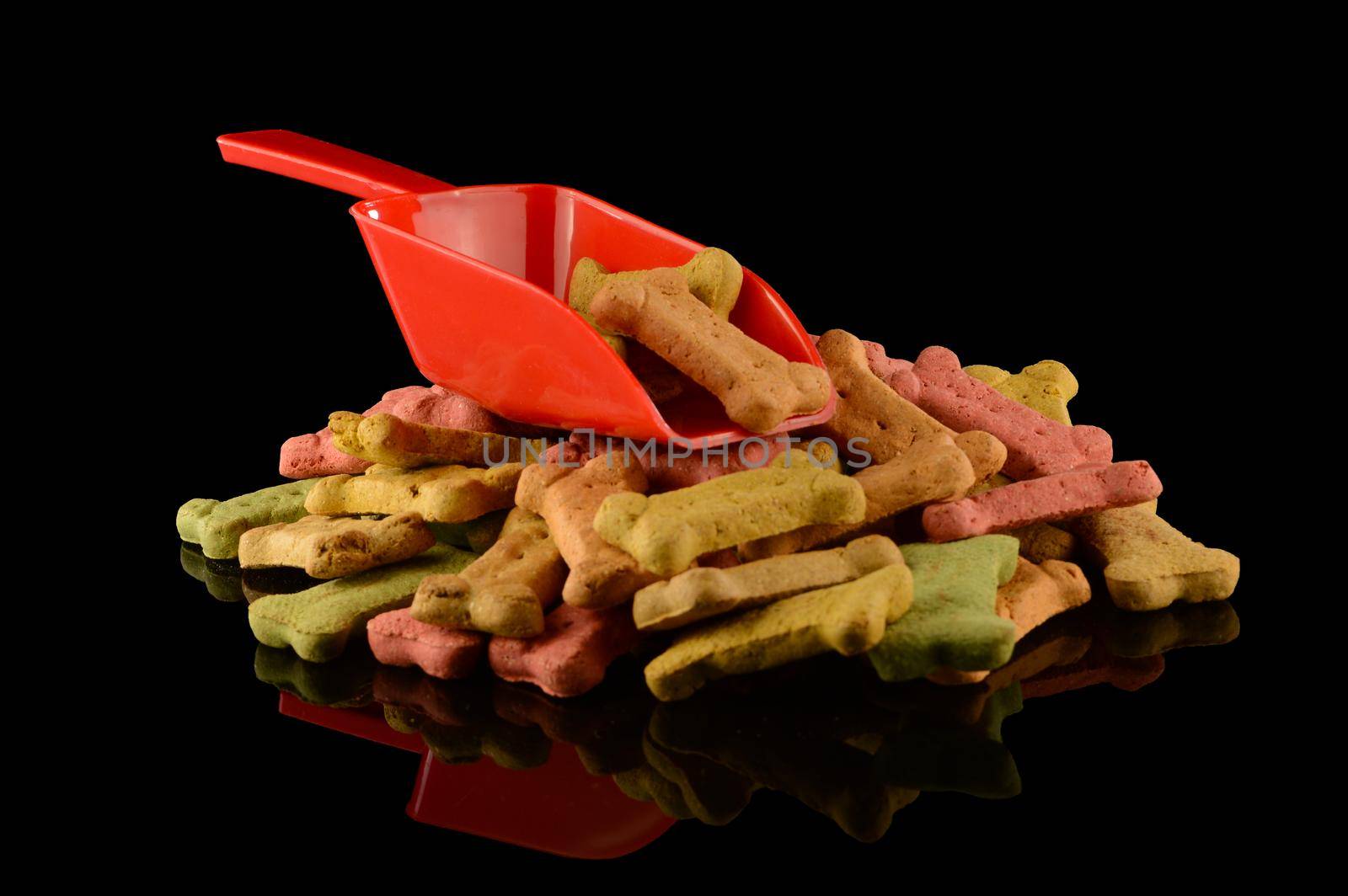 A plentiful pile of dog bone shaped biscuit treats with a red scoop for dishing them out that is isolated over a black reflective background.