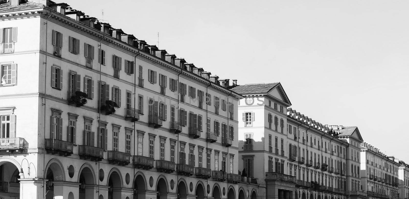 Piazza Vittorio Emanuele II square in Turin, Italy in black and white