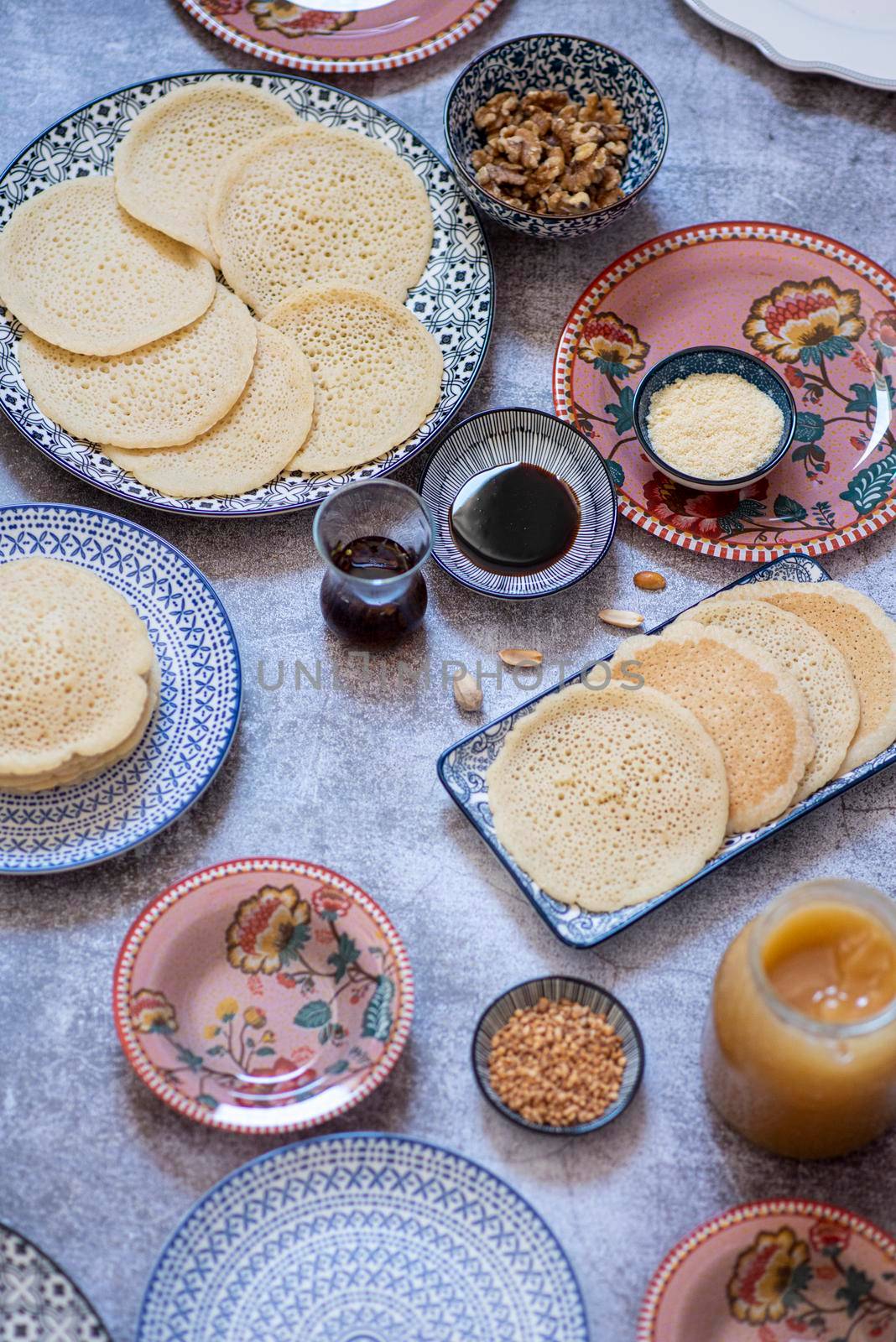 Beautiful traditional Moorish porcelain ceramic plates. illustrated middle eastern design. Marrakech Morocco. High quality photo