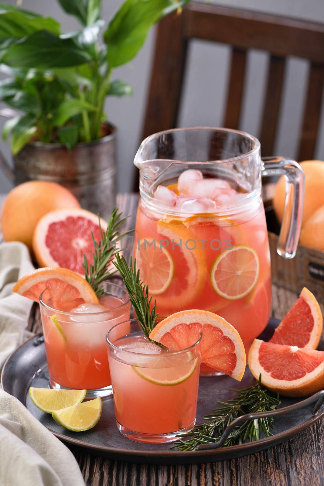 Fresh grapefruit cocktail. Fresh summer cocktail with grapefruit, lime, sprig of rosemary and ice cubes.