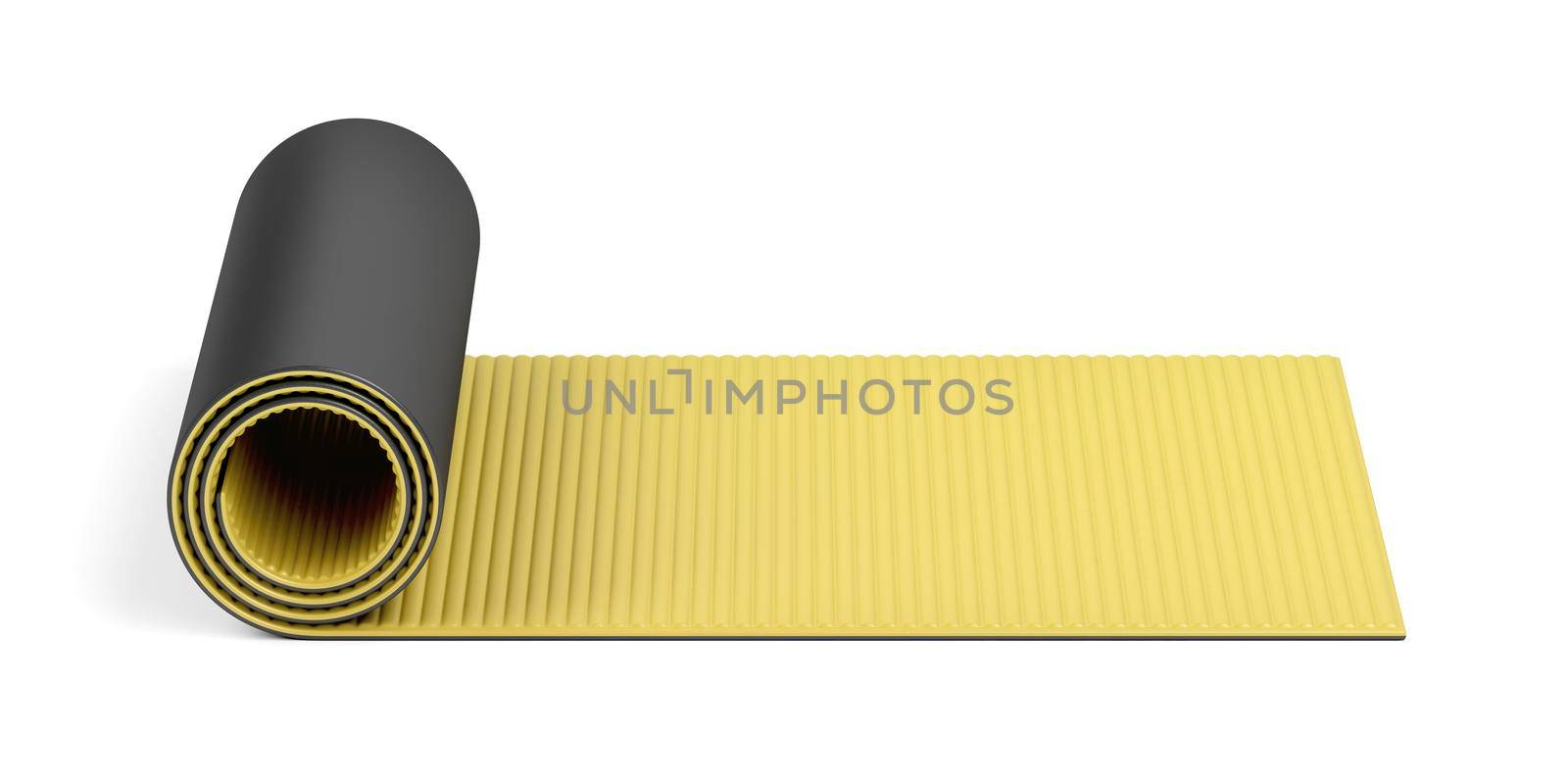 Side view of half rolled yoga mat on white background